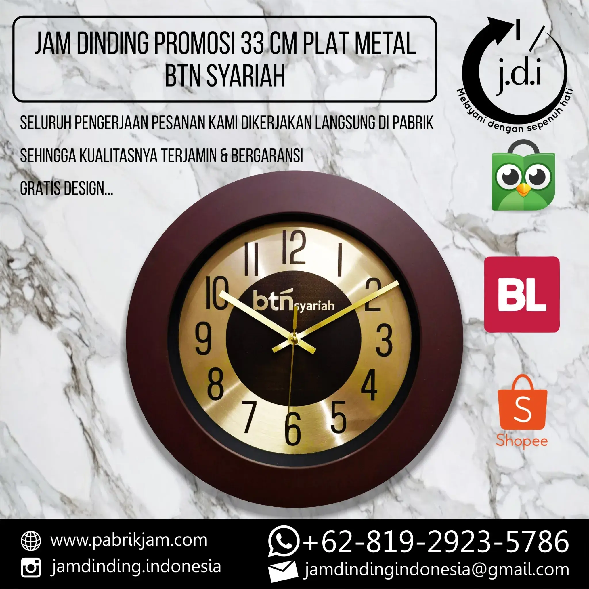 Souvenir jam BTN Syariah custom logo metal 33cm dengan desain elegan dan minimalis, cocok untuk branding dan promosi bisnis. Pesan sekarang di https://pabrikjam.com