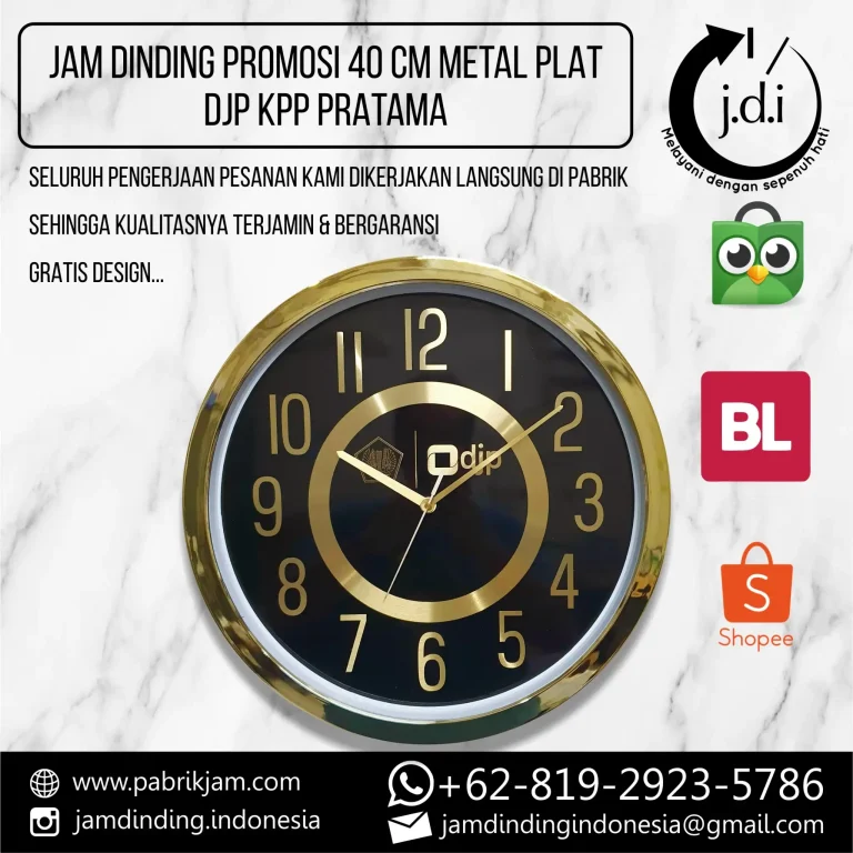 Souvenir Jam Dinding DJP 40cm Metal Gold Full Chrome untuk promosi dan branding, diproduksi oleh https://pabrikjam.com.