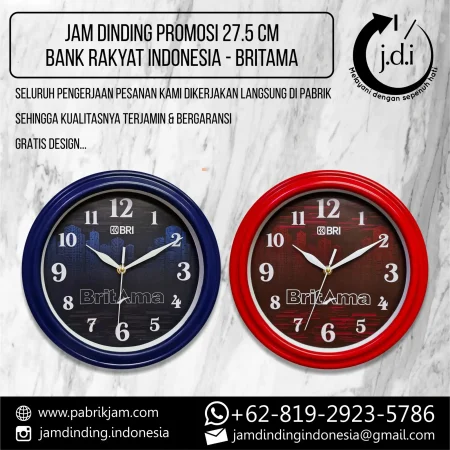 Jam dinding BritAma custom 27.5cm dengan logo BRI, solusi branding elegan untuk perusahaan Anda. Pesan di https://pabrikjam.com