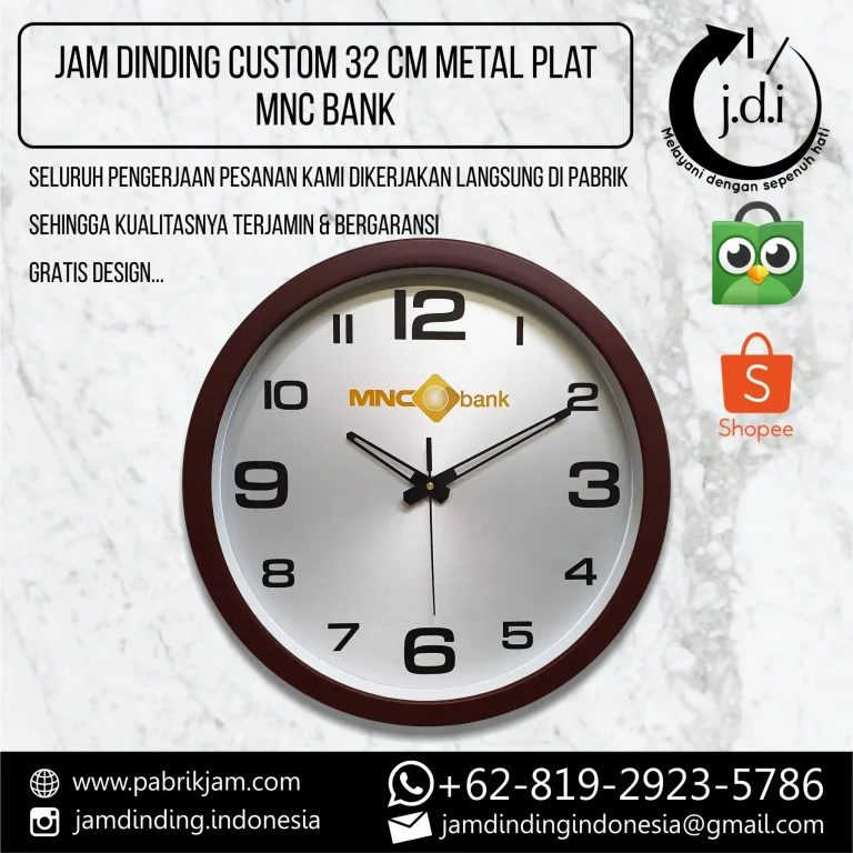 Jam dinding custom MNC Bank desain eksklusif berbahan metal plat ukuran 32 cm metal ideal untuk souvenir perusahaan tersedia di https://pabrikjam.com