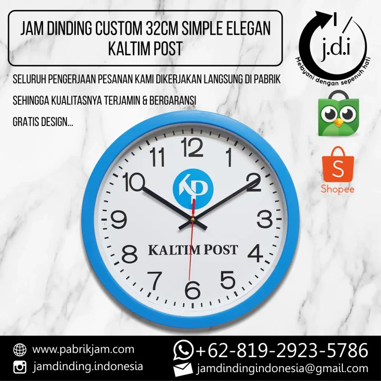Jam dinding custom 32cm dengan logo perusahaan, cocok untuk branding dan promosi bisnis di https://pabrikjam.com