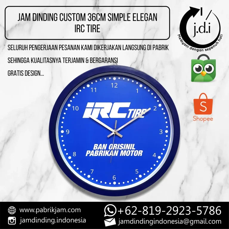 Jam dinding custom logo IRC Tire 36cm desain elegan. Cek harga jam dinding promosi IRC Tire di https://pabrikjam.com