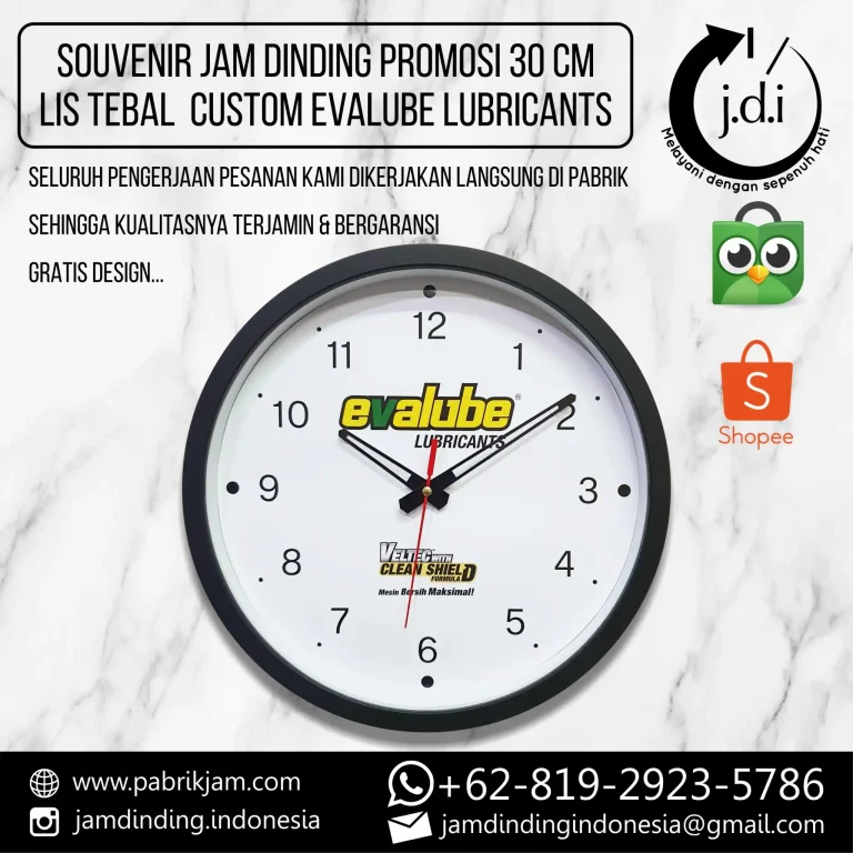 Jam Dinding Evalube https://pabrikjam.com pesan jam dinding promosi logo perusahaan Evalube Lubricants, meningkatkan brand reinforcement melalui advertising clocks.
