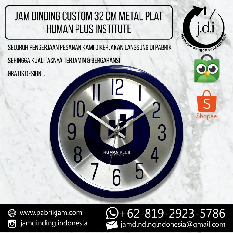 Jam Dinding Human Plus Institute https://pabrikjam.com untuk branding perusahaan. Souvenir jam dinding logo Human Plus Institute ukuran 32cm metal.