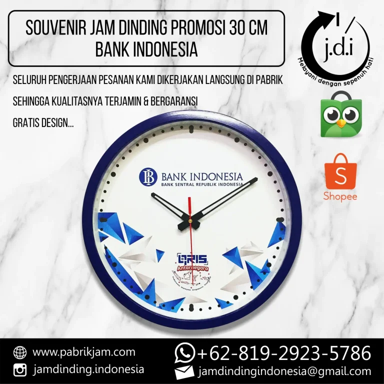 Pesan jam dinding custom logo Bank Indonesia ukuran 30cm untuk promosi https://pabrikjam.com