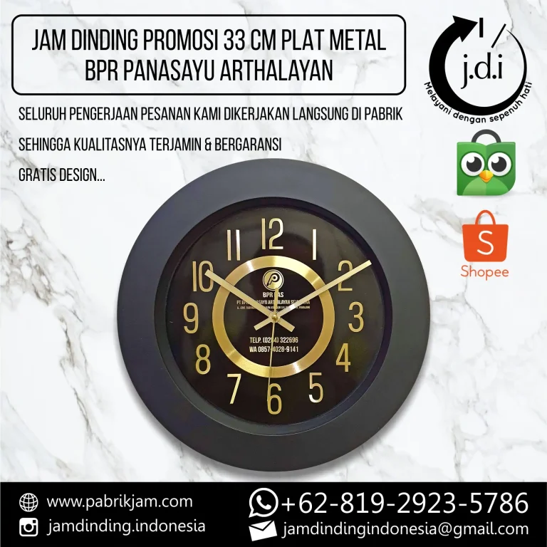 Jam Dinding BPR PAS ukuran 33cm dengan logo untuk branding perusahaan tersedia di https://pabrikjam.com. Souvenir promosi bank dengan plat metal berkualitas.