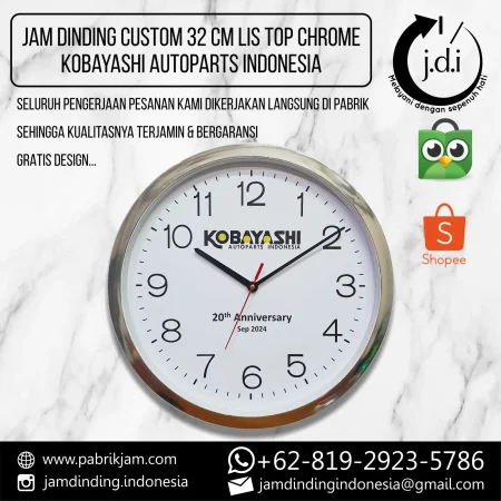 Jam Dinding kobayashi custom logo 32cm top chrome untuk branding premium. Lihat pilihan lainnya di https://pabrikjam.com.