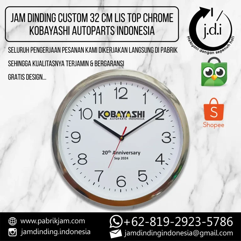 Jam Dinding kobayashi custom logo 32cm top chrome untuk branding premium. Lihat pilihan lainnya di https://pabrikjam.com.