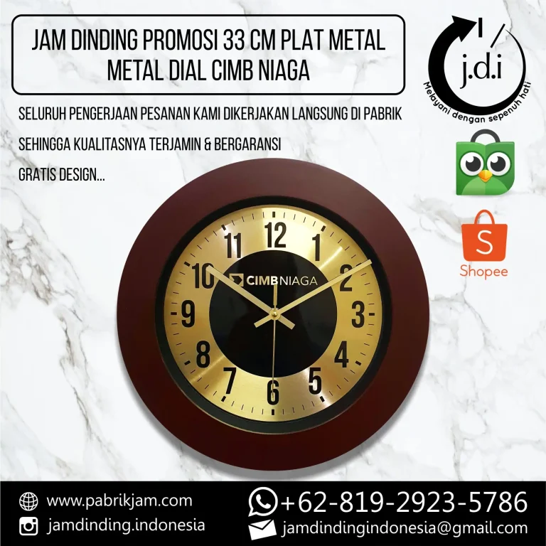 Jam dinding custom cimb niaga untuk promosi brand dengan jam dinding. Lihat detail jam dinding custom metal dial 33cm di https://pabrikjam.com.