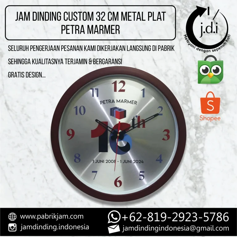 Jam Dinding petra marmer custom logo untuk ulang tahun ke-16 Petra Marmer Indonesia dari https://pabrikjam.com. Souvenir jam dinding metal 32cm warna custom.