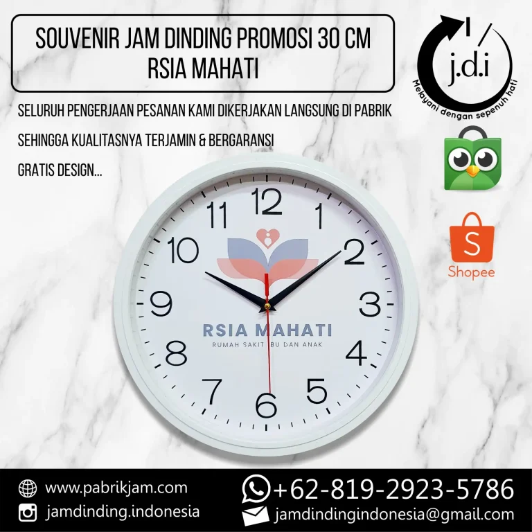 Jam Dinding Custom RSIA Mahati 30cm sebagai media promosi strategis yang diproduksi oleh https://pabrikjam.com.