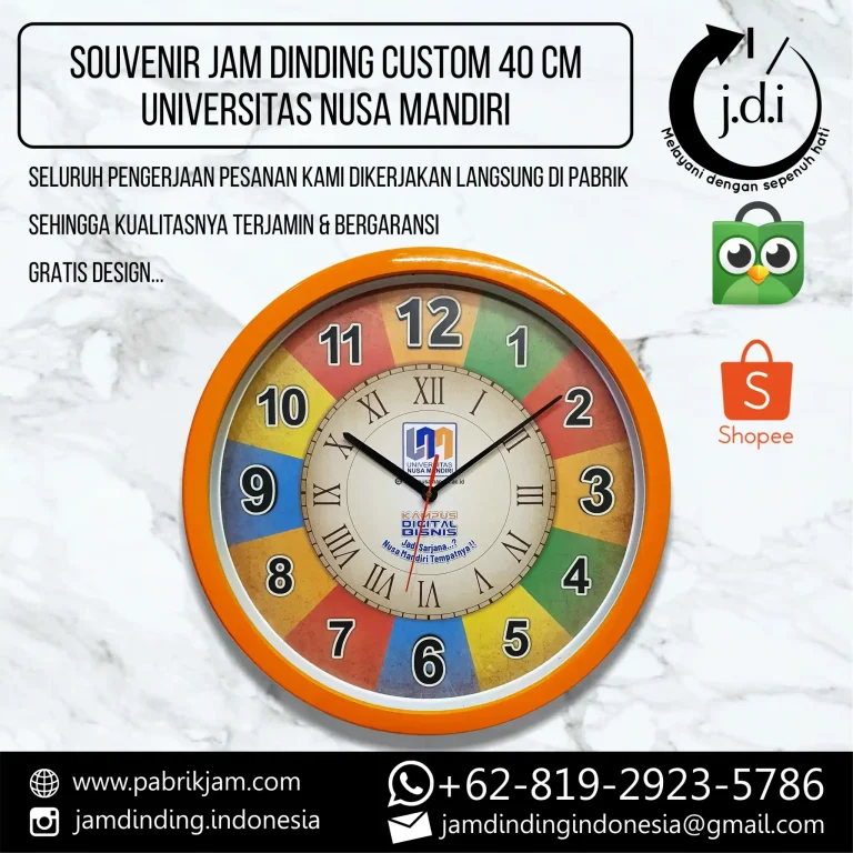 pesan jam dinding universitas nusa mandiri logo custom di https://pabrikjam.com produsen jam dinding terpercaya