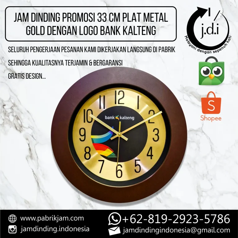 Jam Bank Kalteng 33cm custom logo emas lis kayu untuk branding eksklusif - https://pabrikjam.com