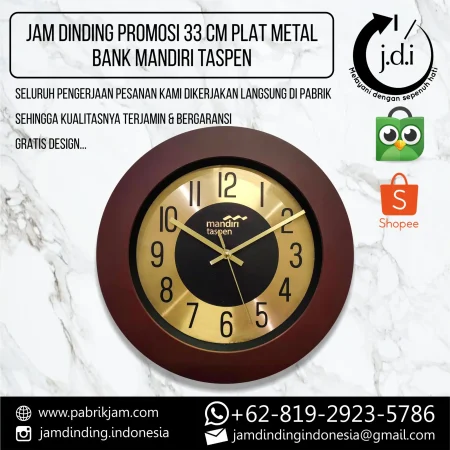 Jam mandiri taspen 33cm metal dial custom logo untuk branding Bank Mantap, pesan souvenir jam dinding di https://pabrikjam.com