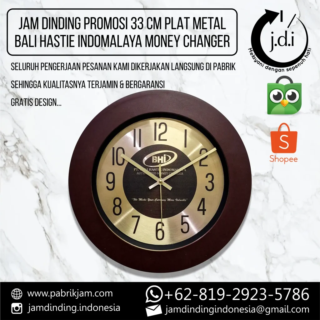 Jam BHI 33cm custom lis kayu metal gold untuk branding BHI Money Changer - merchandise promosi Bali dari https://pabrikjam.com