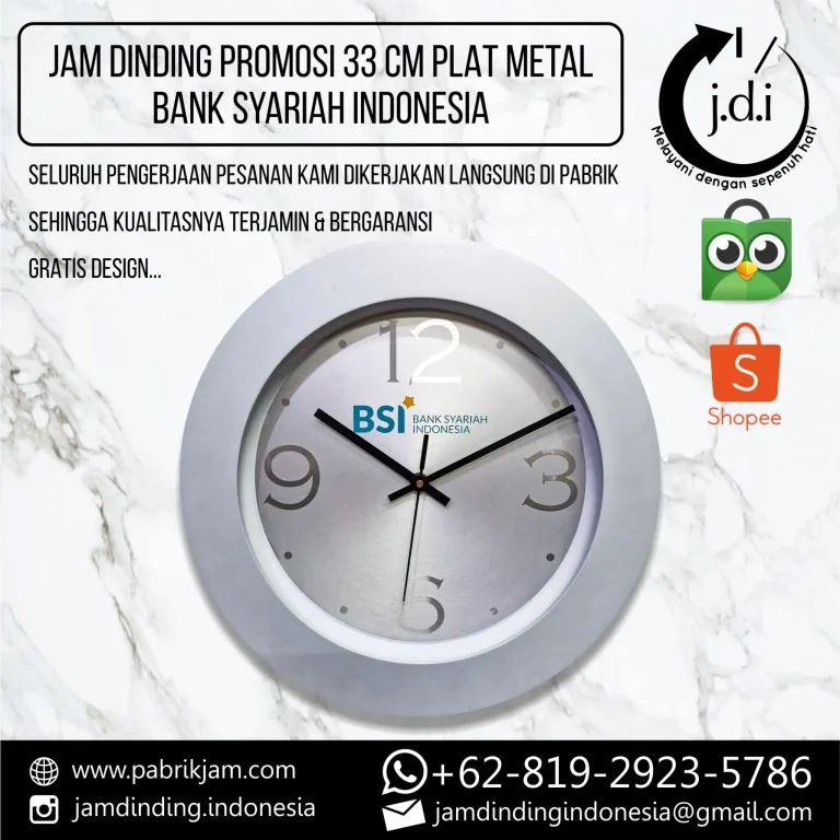 Jam dinding bsi 33cm custom logo metal silver elegan souvenir promosi Bank Syariah Indonesia dari https://pabrikjam.com