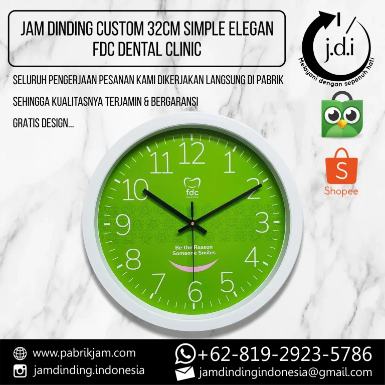 Jam dinding custom logo elegan 32cm hijau Jam FDC Dental Clinic sebagai souvenir branding berkualitas dari https://pabrikjam.com.