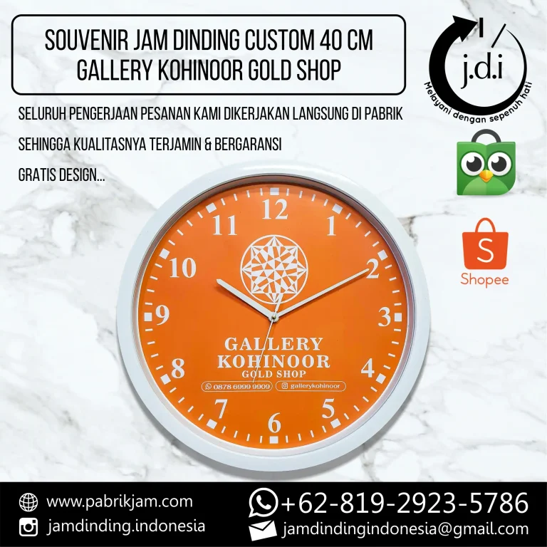 Jam Gallery Kohinoor 40cm oranye custom logo untuk branding toko emas efektif dari https://pabrikjam.com.