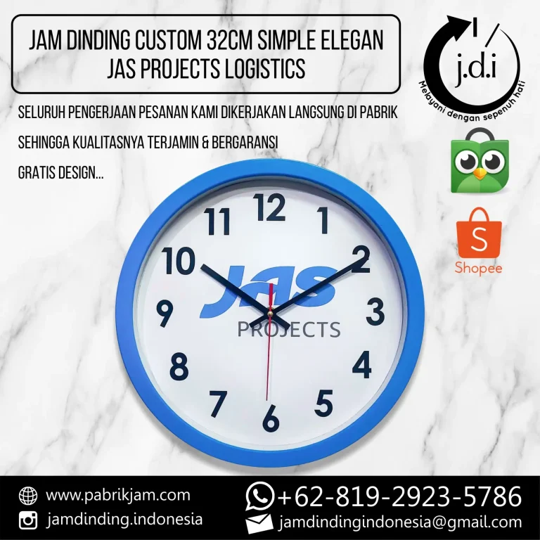 Jam dinding JAS custom 32cm logo JAS Projects untuk penguatan citra merek, pesan di https://pabrikjam.com.