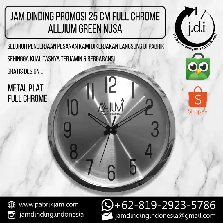 Jam alljium green nusa 25cm custom logo metal chrome eksklusif untuk branding PT Alljium dari https://pabrikjam.com