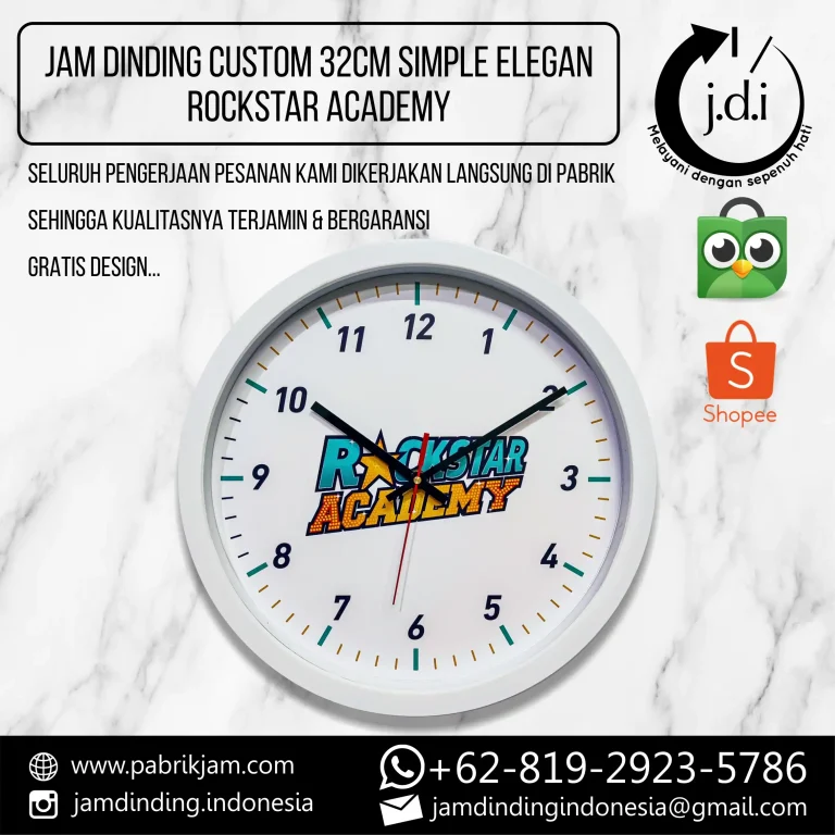 Jam ROCKSTAR ACADEMY 32cm lis elegan custom color sebagai souvenir branding dari https://pabrikjam.com