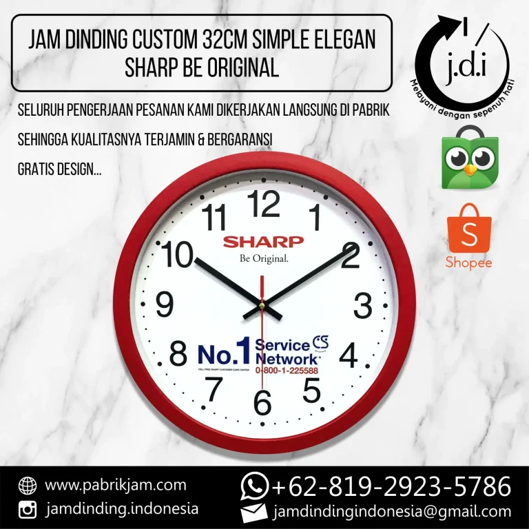 Jam Dinding Custom Logo Sharp pada background marmer https://pabrikjam.com