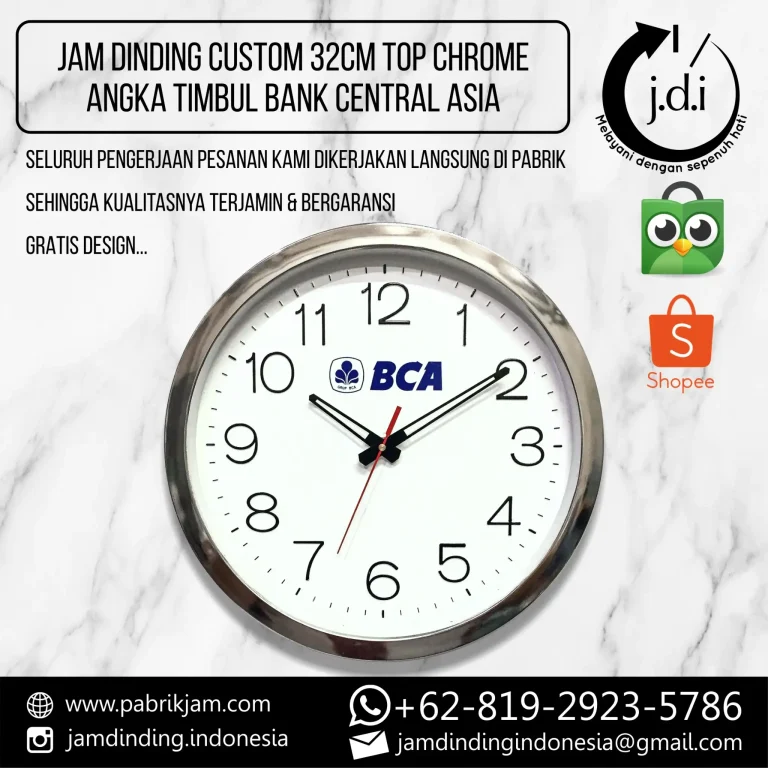 Jam dinding promosi BCA 32cm angka timbul top chrome https://pabrikjam.com