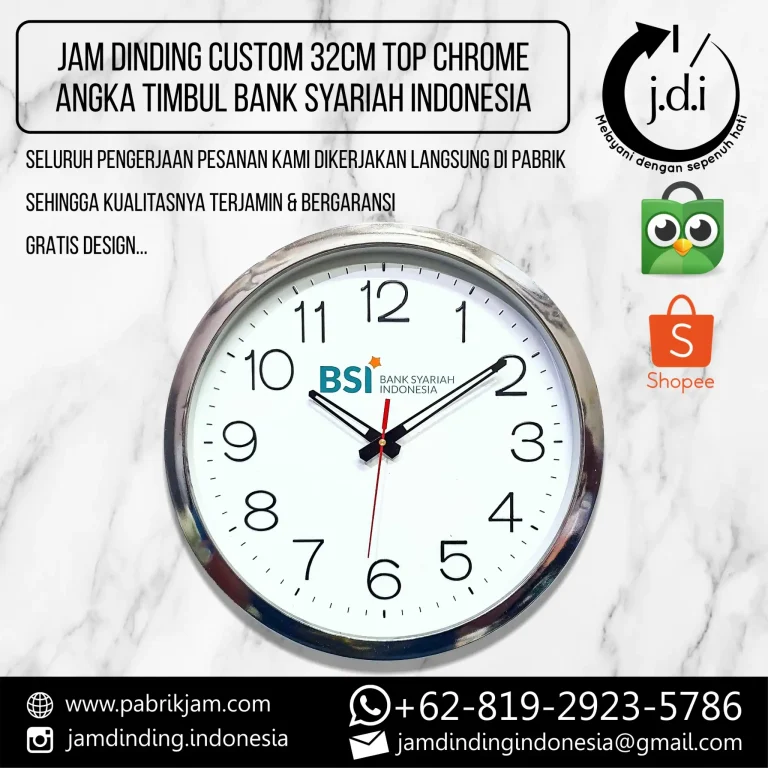 Souvenir Jam Dinding BSI 32cm custom logo angka timbul chrome https://pabrikjam.com