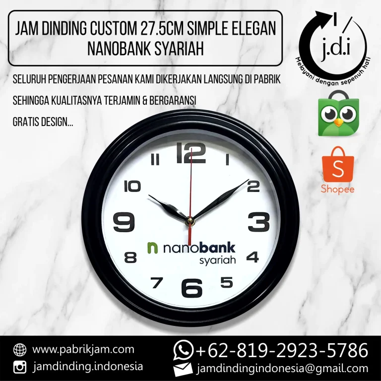 Souvenir Jam Nanobank Syariah 27.5cm custom logo elegan di https://pabrikjam.com