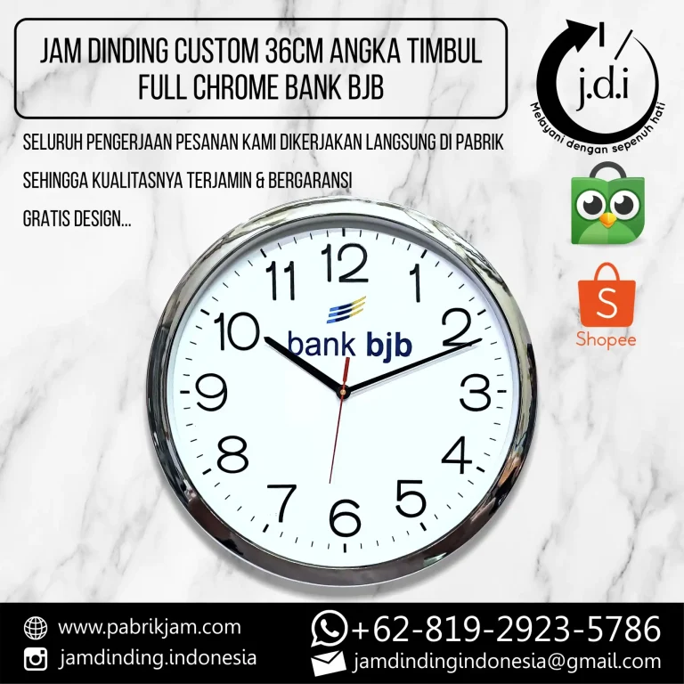 Jam dinding BJB 36cm custom logo angka timbul full chrome eksklusif dari https://pabrikjam.com