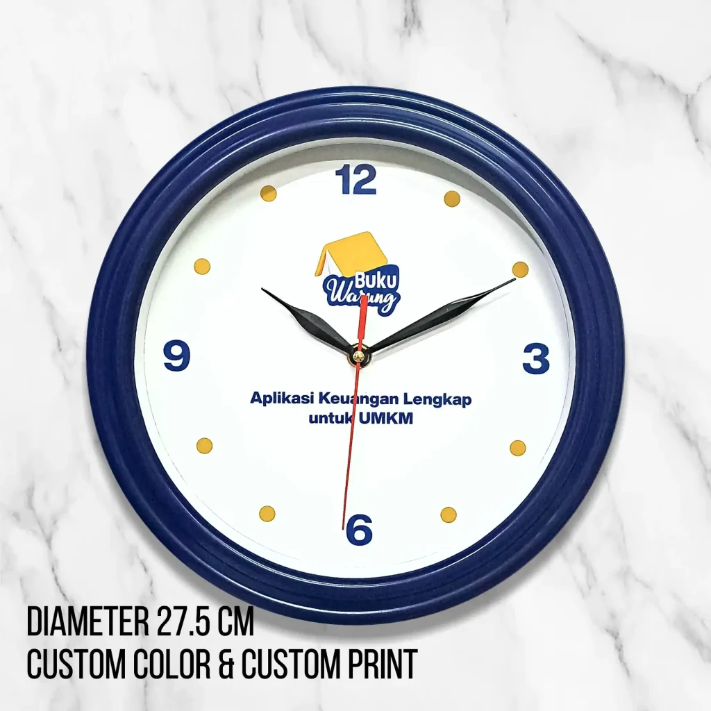 Jam dinding BukuWarung 27.5cm merchandise custom UMKM https://pabrikjam.com berkualitas