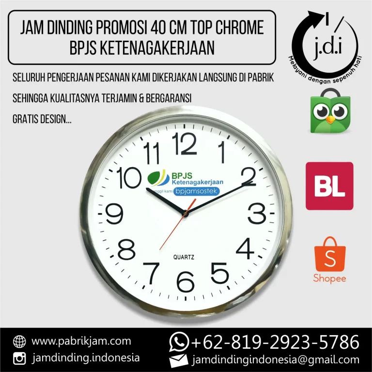 Jam dinding custom BPJS Ketenagakerjaan 40cm chrome penunjuk waktu akurat https://pabrikjam.com