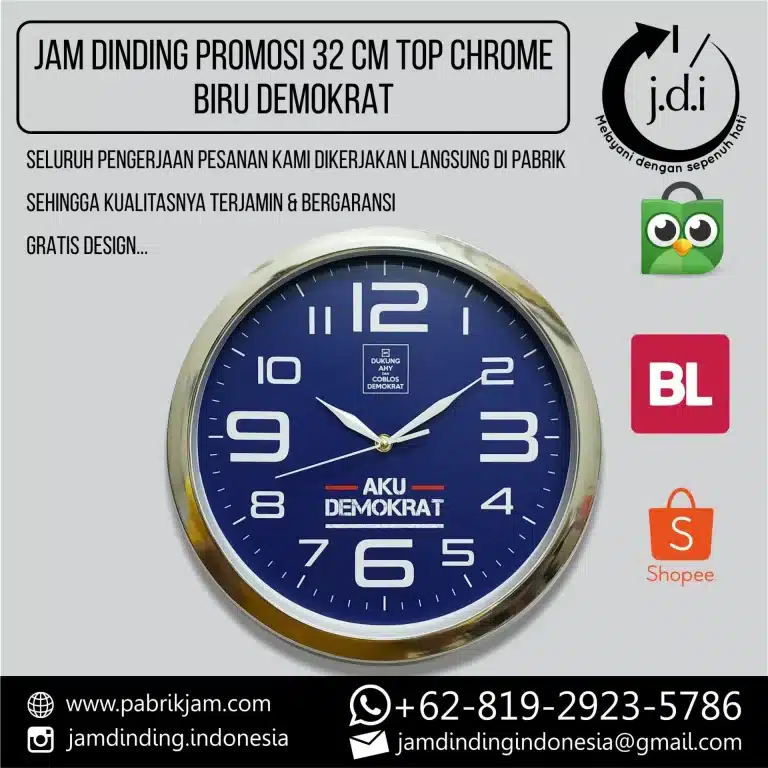jam dinding Demokrat 32cm chrome biru eksklusif dari https://pabrikjam.com dengan logo partai untuk souvenir promosi
