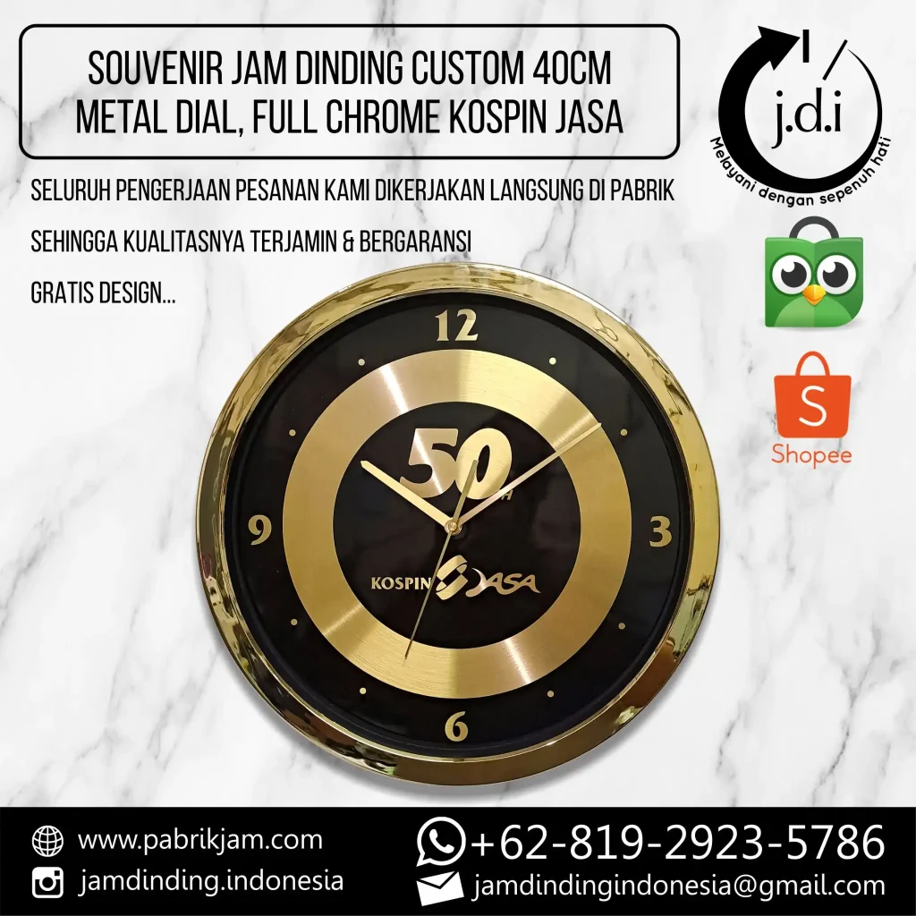 Jam dinding custom kospin jasa 40cm metal eksklusif untuk souvenir 50 tahun - https://pabrikjam.com