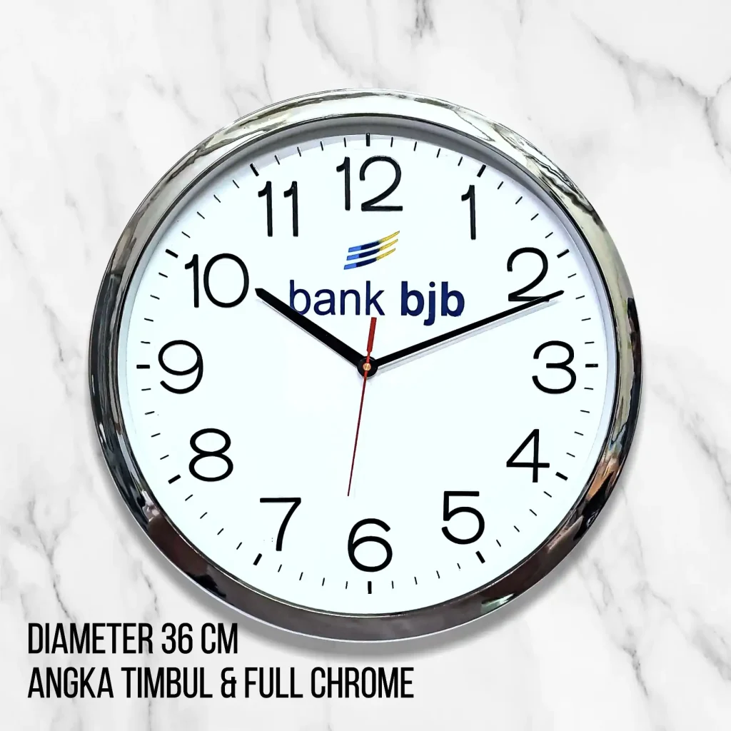 Jam dinding BJB 36cm custom logo angka chrome souvenir eksklusif untuk promosi pesan di https://pabrikjam.com