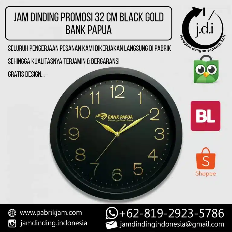 Souvenir Jam Dinding 32cm Bank Papua Hitam Angka Timbul elegan dari https://pabrikjam.com