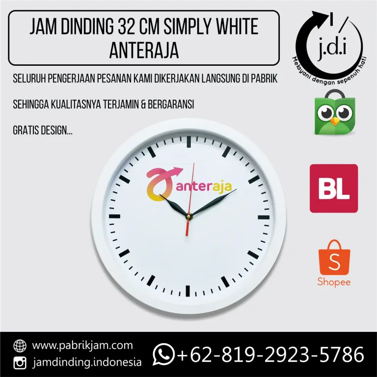 Tampilan depan souvenir jam dinding custom anteraja 32cm putih sebagai alat branding strategis dari https://pabrikjam.com.