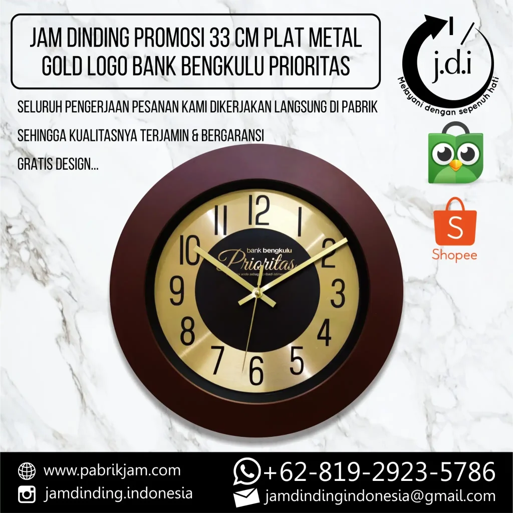 Jam Dinding Custom Bank Bengkulu Prioritas 33cm Metal Gold untuk souvenir bank premium dari https://pabrikjam.com.