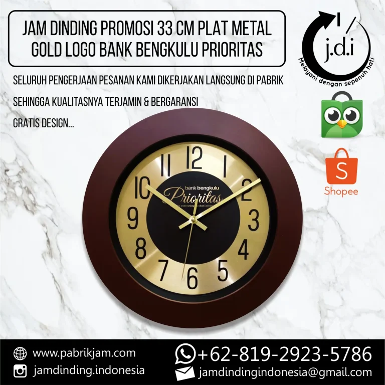 Jam Dinding Custom Bank Bengkulu Prioritas 33cm Metal Gold untuk souvenir bank premium dari https://pabrikjam.com.