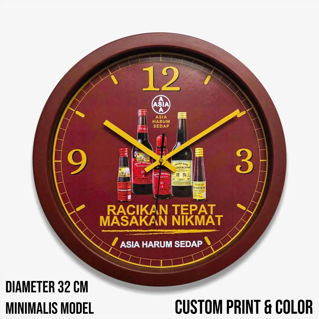 Merchandise jam dinding custom 32cm Asia Harum Sedap untuk promosi perusahaan.