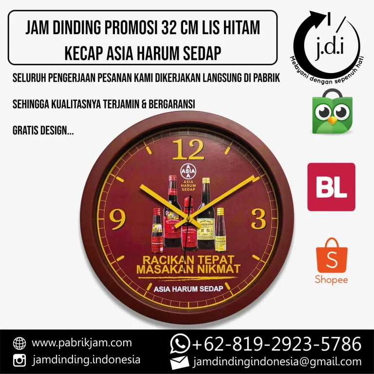 Info pengadaan jam dinding custom 32cm Asia Harum Sedap langsung dari pabrik.