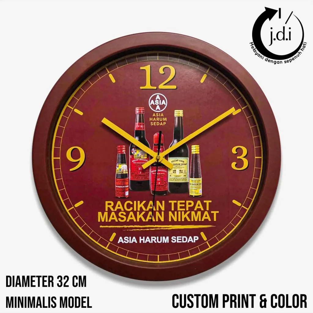 Sovenir jam dinding custom 32cm Asia Harum Sedap model minimalis dengan logo JDI.